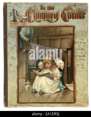 Old antique children's story book cover, 19th Century. IN the Chimney Corner Stock Photo