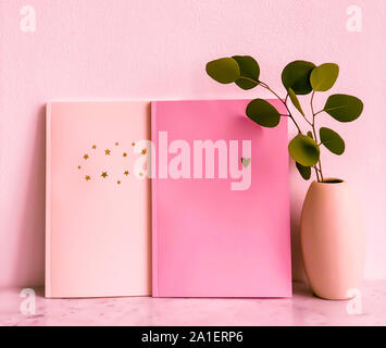 Creative flat lay photo of workspace desk two blank mockup books with plants and light pink isolate background. Stock Photo