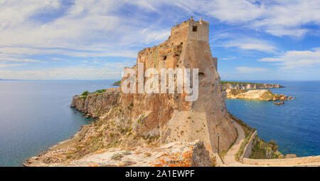 Tremiti Island: view of San Domino island from the nearby San Nicola island, with the Abbey of Santa Maria a Mare fortified complex, (Apulia, Italy). Stock Photo