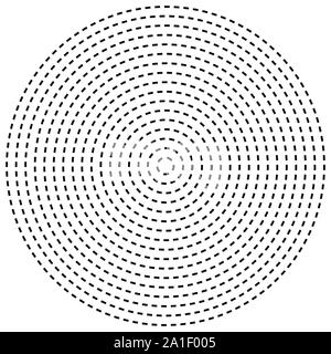 Radial dashed line circles. Circular, concentric element with gap lines. Periodic, infrequent line circles. Orbitting piece, bit particles. Ripple, em Stock Vector