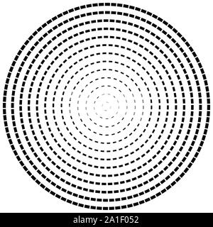 Radial dashed line circles. Circular, concentric element with gap lines. Periodic, infrequent line circles. Orbitting piece, bit particles. Ripple, em Stock Vector