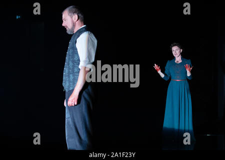 Chichester Festival Theatre, UK. 26th Sep, 2019. John Simm and Dervla Kirwan perform as Macbeth and Lady Macbeth during a photo-call for Chichester Festival Theatre's production of William Shakespeare's 'MacBeth', directed by Paul Miller, at the Chichester Festival Theatre, Chichester, UK, Thursday September 26, 2019. Photograph Credit: Luke MacGregor/Alamy Live News Stock Photo