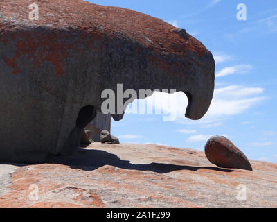 A formation of remarkable rocks with blue sky and the sea in the background. Photo taken on Kangaroo Island in southern Australia Stock Photo
