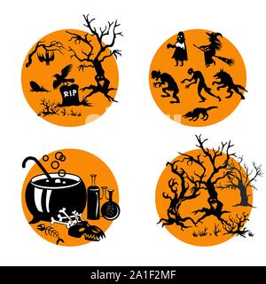 Vector Set for Halloween, four small illustration with characters of Halloween (grave with tree, Halloween evil spirits, cauldron with bones and group Stock Vector