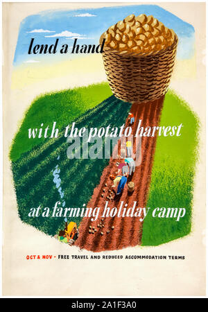 British, WW2, food production poster, Lend a hand with the potato harvest at a farming holiday camp, poster, 1939-1946 Stock Photo