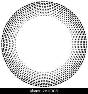 Radial dashed line circles. Circular, concentric element with gap lines. Periodic, infrequent line circles. Orbitting piece, bit particles. Ripple, em Stock Vector