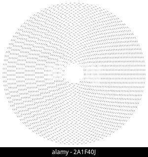 Radial dashed line circles. Circular, concentric element with gap lines. Periodic, infrequent line circles. Orbitting piece, bit particles. Ripple, em Stock Vector