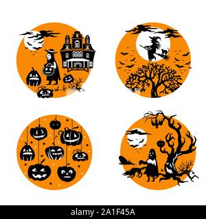 Vector Set for Halloween, four small illustration with characters of Halloween boy in costume and haunted house, flying witch and bats, Halloween pump Stock Vector