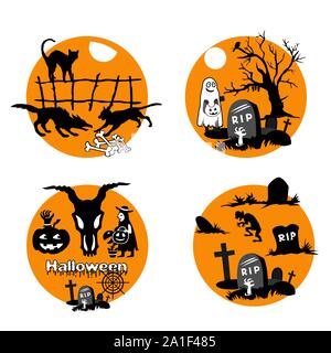 Vector Set for Halloween, four small illustration with characters of Halloween ( werewolf and cats, ghost with grave and dead tree, Halloween symbols, Stock Vector