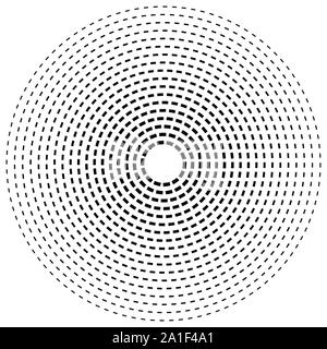 Radial dashed line circles. Circular, concentric element with gap lines. Periodic, infrequent line circles. Orbitting piece, bit particles. Ripple, em Stock Vector
