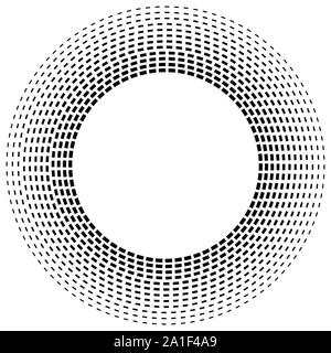 Radial dashed line circles. Circular, concentric element with gap lines. Periodic, infrequent line circles. Orbitting piece, bit particles. Ripple, em Stock Vector
