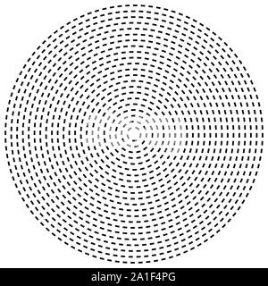 Radial dashed line circles. Circular, concentric element with gap lines. Periodic, infrequent line circles. Orbitting piece, bit particles. Ripple, em Stock Vector