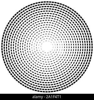 Radial dashed line circles. Circular, concentric element with gap lines. Periodic, infrequent line circles. Orbitting piece, bit particles. Ripple, em Stock Vector