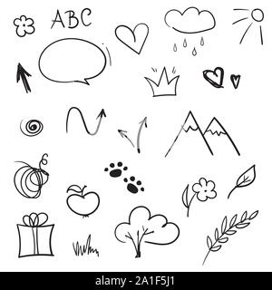 Hand drawn design elements. Vector set of doodle sketches. Arrows, crown, heart, speech bubble, gift box, flower Stock Vector
