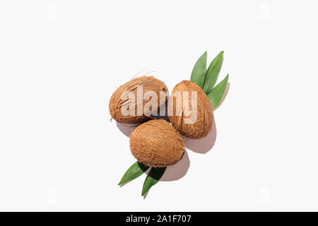 Ripe brown coconuts with green leaves, flat lay composition on white background. Stock Photo