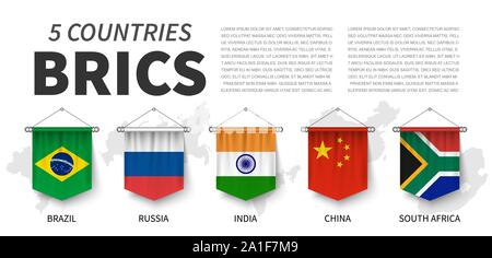 BRICS . Association of 5 countries . 3D realistic pennant hanging design . White isolated background and country map . Vector . Stock Vector