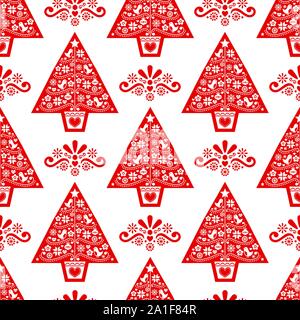 Christmas tree folk art vector seamless pattern- Scandinavian style design with birds, flowers and snowflakes Stock Vector
