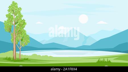 Summer landscape with lake and mountains Stock Vector