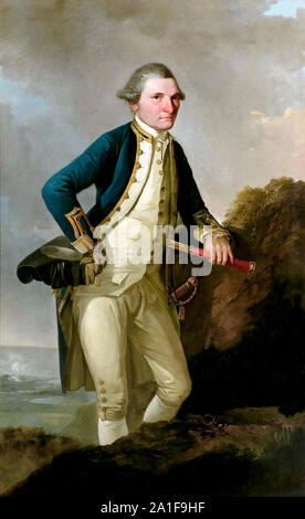 Captain James Cook RN (1728-1779) British maritime explorer, navigator, cartographer and captain in the Royal Navy who landed at Botany Bay in Australia on 22 August 1770 and completed the first recorded circumnavigation of New Zealand in 1772. Oil painting of Cook in British Royal Navy Captain uniform holding a telescope by John Webber (1751-1793) who accompanied Captain Cook on his third Pacific expedition. Stock Photo