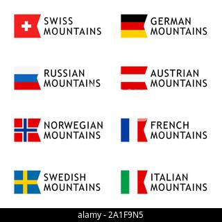 Set of Logotype templates for tours to Mountains, Vector lovable intelligible illustration with national flag of Switzerland, Germany, Russia, Austria Stock Vector