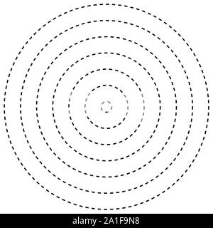 Radial dashed line circles. Circular, concentric element with gap lines. Periodic, infrequent line circles. Orbitting piece, bit particles. Ripple, em Stock Vector
