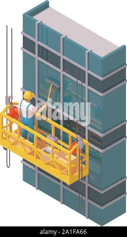 Vector isometric skyscraper windows cleaning. Suspended scaffold, construction cradle or suspended platform, high-rise building glass facade, worker w Stock Vector