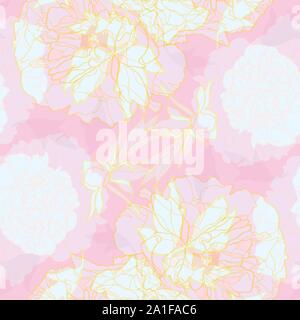 Vector pink abstract elegant festive peony botanical pattern, modern peony blossom in pastel transparent layers. All over print. Perfect for wallpaper, stationary, event, wedding, fashion. Elegant florals. Stock Vector