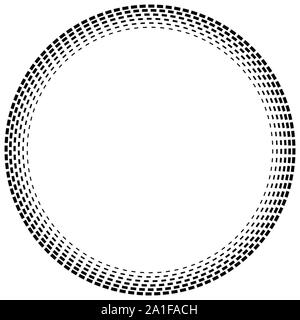 Radial dashed line circles. Circular, concentric element with gap lines. Periodic, infrequent line circles. Orbitting piece, bit particles. Ripple, em Stock Vector