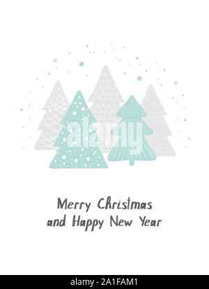 Merry Christmas and Happy New Year. Vector greeting card. Scandinavian Christmas hand drawn cute Christmas trees Stock Vector