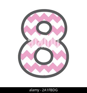 8 Eight Chevron Number with colorful pink & white pattern and grey border Stock Vector