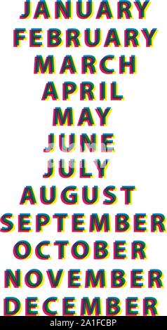 months abc words for calendar vector isolated.  Сalendaring and print template design cmyk and rgb style. Stock Vector
