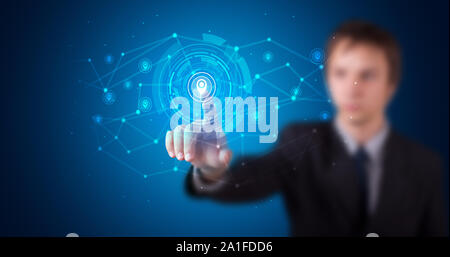 Man touching hologram screen displaying keys and locks Stock Photo