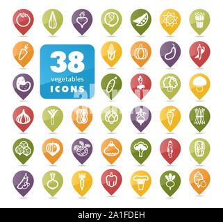 Vegetables flat vector pin map icons set. Map pointer. Map markers. Vector illustration eps 10 Stock Vector