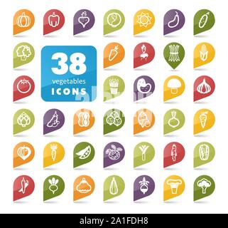 Vegetables flat vector pin map icons set. Map pointer. Map markers. Vector illustration eps 10 Stock Vector