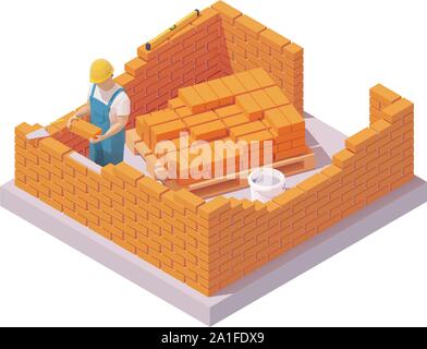 Vector isometric builder or bricklayer building or bricklaying brick wall on construction site. Construction worker with trowel in hardhat or protecti Stock Vector