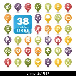 Vegetables flat vector pin map icons set. Map pointer. Map markers. Vector illustration eps 10 Stock Vector