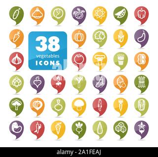 Vegetables flat vector pin map icons set. Map pointer. Map markers. Vector illustration eps 10 Stock Vector