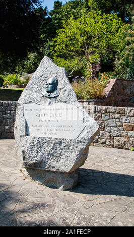 A statue of Winston Churchill at the eponymous Memorial Gardens at St Brelades, Jersey, Channel Islands Stock Photo
