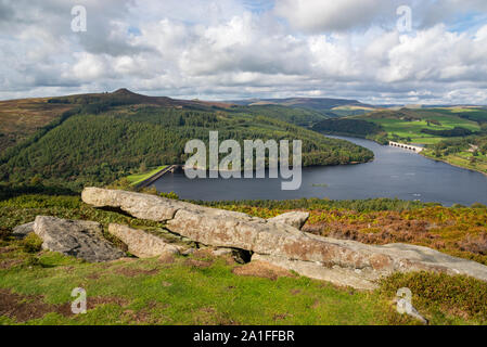 Sunny September day on Bamford Edge in the Peak District national park, Derbyshire, England. View of Win Hill and Ladybower reservoir. Stock Photo