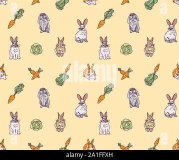 Rabbits pets animal cabbage and carrots seamless pattern. Color vector illustration EPS8 Stock Vector