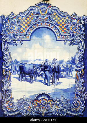 Portuguese traditional blue tiles (1932). Santarém market, Portugal Stock Photo