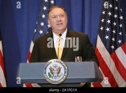 New York, United States. 26th Sep, 2019. U.S. Secretary of State Mike Pompeo speaks at a press conference at the Palace Hotel Hotel in New York City on Thursday, September 26, 2019 in New York City. Pompeo announced recents findings that Syria used chlorine chemical weapons in attacks back in May. Photo by Monika Graff/UPI Credit: UPI/Alamy Live News Stock Photo