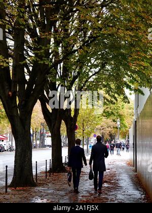 French men in business attire, seen from the back, walking on sidewalk along Avenue Franklin Delano Roosevelt in the 8th arrondissement, Paris, France. Stock Photo