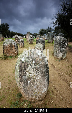 Almendres cromlech, a 8000 years old prehistoric monument. Évora, Portugal Stock Photo