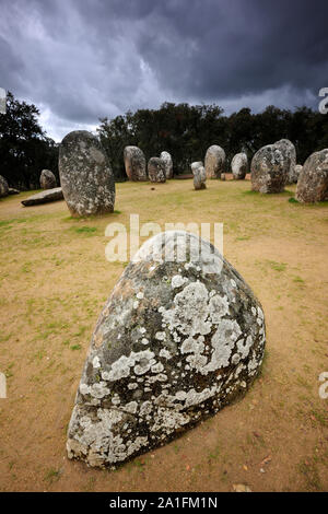 Almendres cromlech, a 8000 years old prehistoric monument. Évora, Portugal Stock Photo