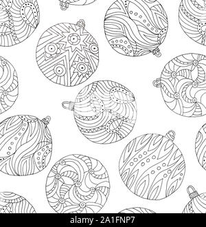 Christmas balls seamless pattern. Handmade coloring for adults. Monochrome coloring book. Trace of sketch. Zentangle Stock Photo