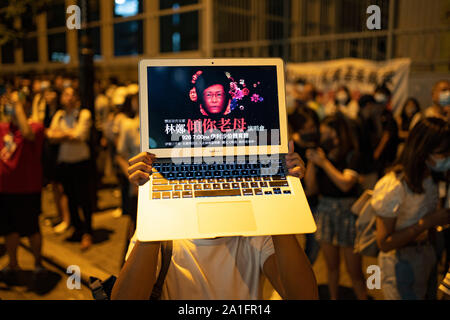 Wanchai, Hong Kong. 26 September, 2019. Demonstrators outside  the Queen Elizabeth Stadium on Thursday where Chief executive Carrie Lam was holding a dialogue with randomly selected representatives from the public to alleviate fears about the now dropped anti extradition law. Iain Masterton/Alamy Live News. Stock Photo