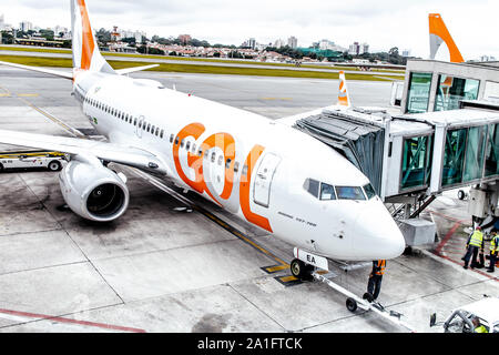 Photograph taken at the Congonhas airport the city of São Paulo-Brazil in the month of March 2019. Boeing 737-700 Aircraft from GOL company. Stock Photo