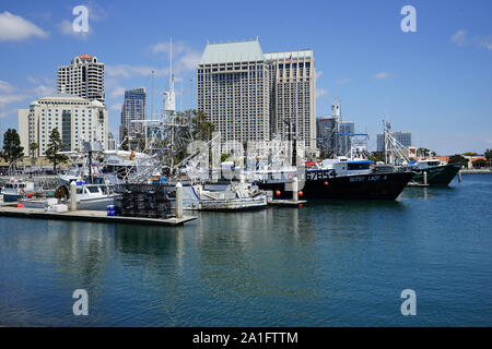 San Diego, California/USA - June 22, 2019:   Boats moored in the harbor with the San Diego cityscape in the background. Stock Photo