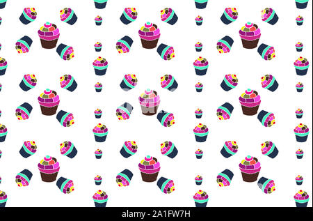 Seamless pattern of cupcakes on white. Repeated illustration in pink color for gift cards or textile. Stock Photo